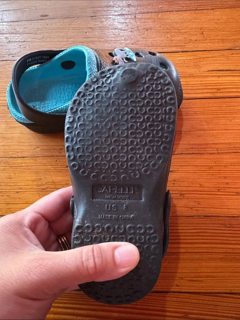 Capelli of New York Black Clogs with Teal Interior and Surf Dino stamp